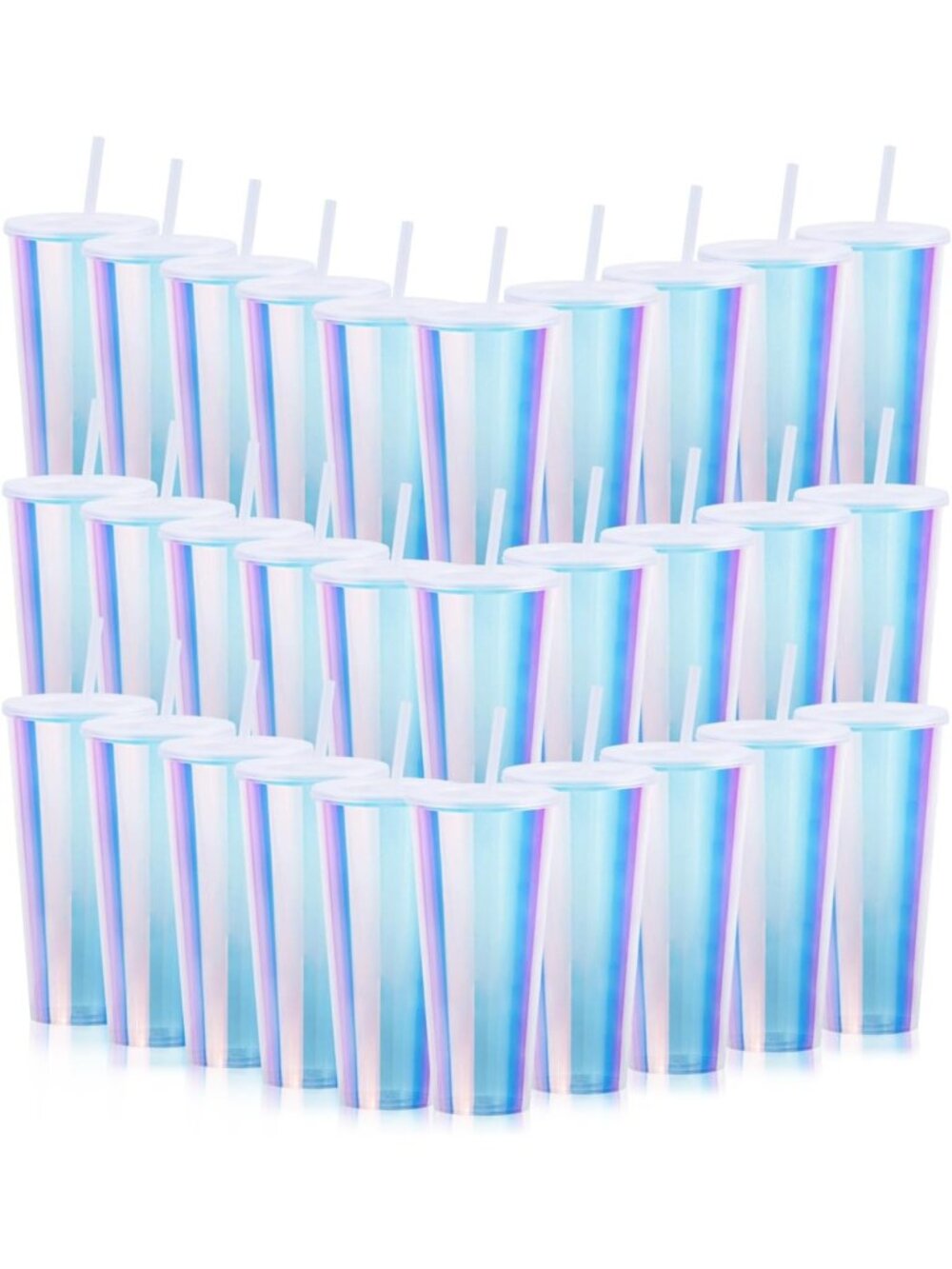 30 Pack Iridescent 24oz Plastic Cups with Lids & Straws - Party Essentials!